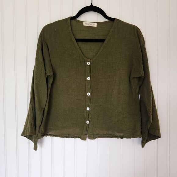 SPIRITHOUSE Green V Neck Bell Sleeve Boho Button Up Blouse Medium - Picture 1 of 5